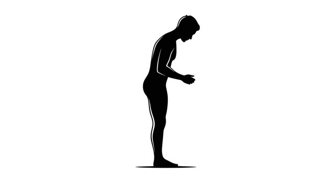 Minimalist design of a black silhouette human figure, viewed from the side, bending forward with hands clasped, conveying a sense of contemplation or reflection against a clean white