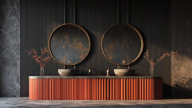Contemporary dual vanity setup features rustic circular mirrors above an orange ribbed cabinet in a dark modern room.