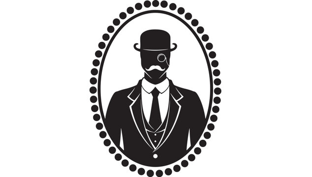 Gentleman avatar emblem with top hat mustache and monocle inside circular dotted frame for luxury branding icon featuring man, bow tie, tuxedo with