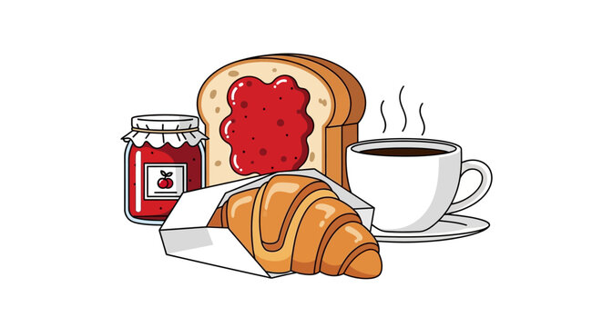 Cartoon Breakfast Set with Coffee Croissant and Jam on Toast