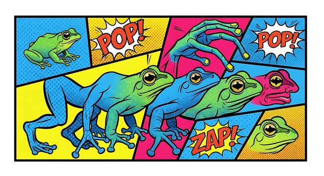 Colorful frogs in comic book style.