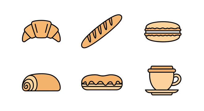 Set of minimalist French bakery and coffee icons on white background