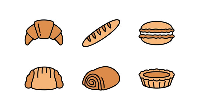 Bakery and Pastry Icon Set with Croissant and Macaron