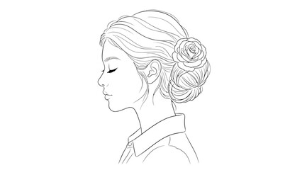 Profile portrait of a young woman with a rose in her hair, line art illustration © Saharia