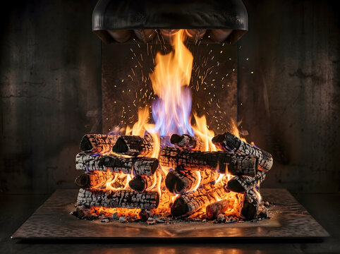 Detailed View of a Controlled Fire Burning with Blue and Orange Flames on a Metal Hearth