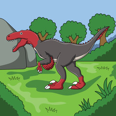 Cute dinosaur Utahraptor cartoon character vector Illustration. Utahraptor on the background of forest.