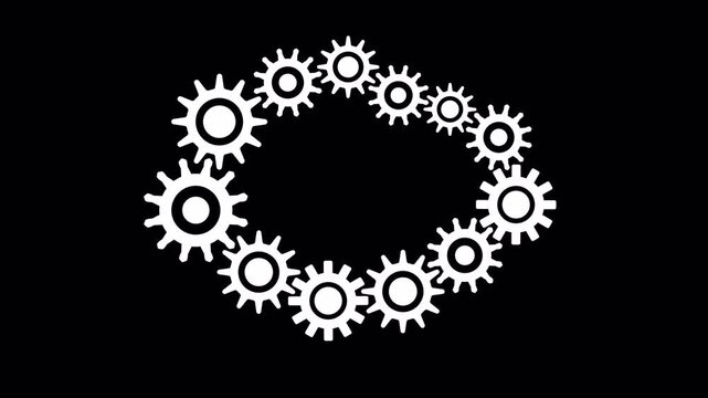 Endless looping cogwheels spinning technology frame animation motion graphic isolated alpha channel. 4k video gears running to use for technology, business, teamwork, engineering. 