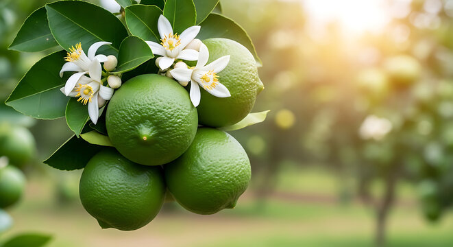 Close up photograph of limes with blossoms on a branch vibrant green fruit