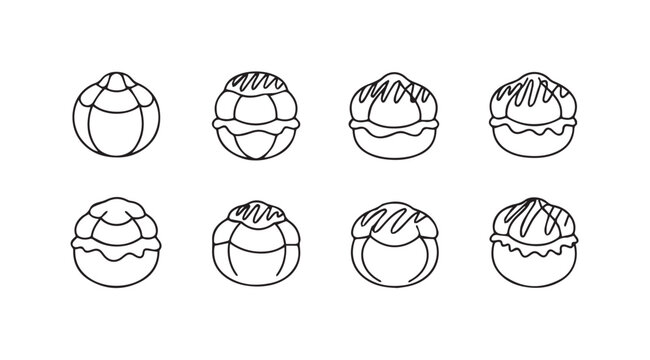 Eight variations of a simple cream puff outline drawing in a row on a white background