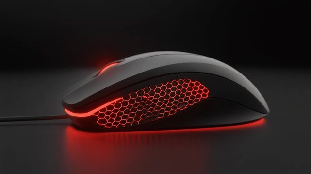 Black matte gaming mouse with red LED honeycomb glow, symbolizing performance, precision, and stylish modern technology.