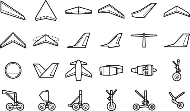 Aircraft components and detailed diagrams of a plane, with their distinct silhouettes and sleek designs.