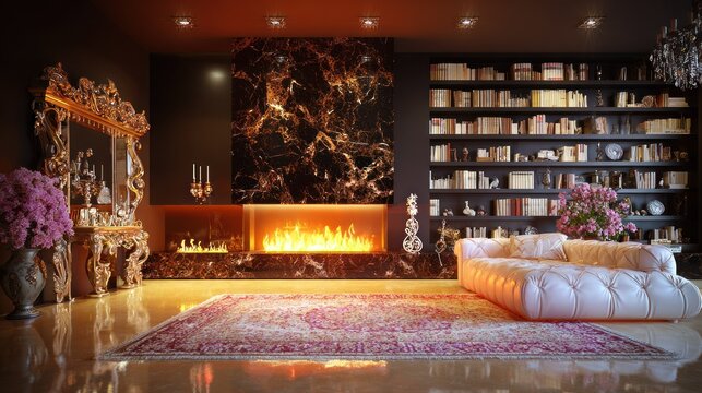 Luxurious living room interior showcases a modern fireplace and extensive library shelving