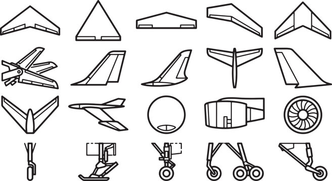 A collection of diverse aircraft components are meticulously displayed in a clean, graphic style, emphasizing their design and functionality.