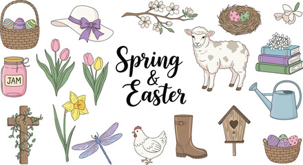Spring and Easter elements set with flowers lamb nest eggs basket watering can and seasonal decoration vector illustration collection © Kharshad Creative
