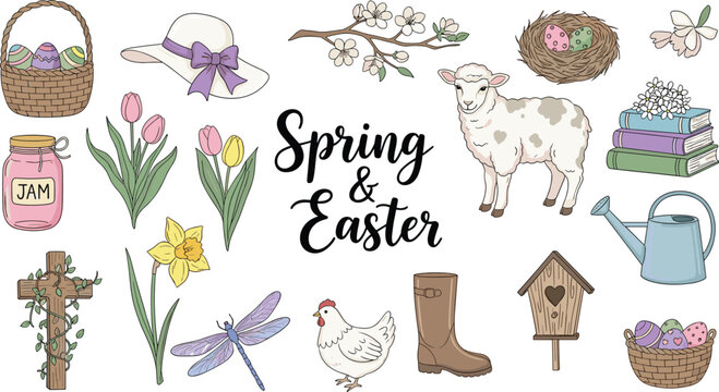 Spring and Easter elements set with flowers lamb nest eggs basket watering can and seasonal decoration vector illustration collection