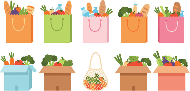 Grocery shopping bags and boxes with fresh vegetables fruits and bread healthy food market concept vector illustration set
