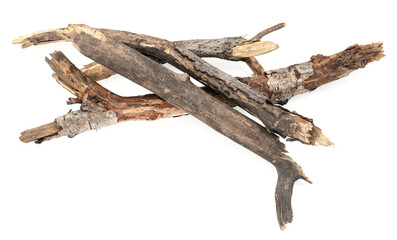Fototapeta premium piece of driftwood isolated white background. piece of a broken tree branch. brushwood. wooden stick