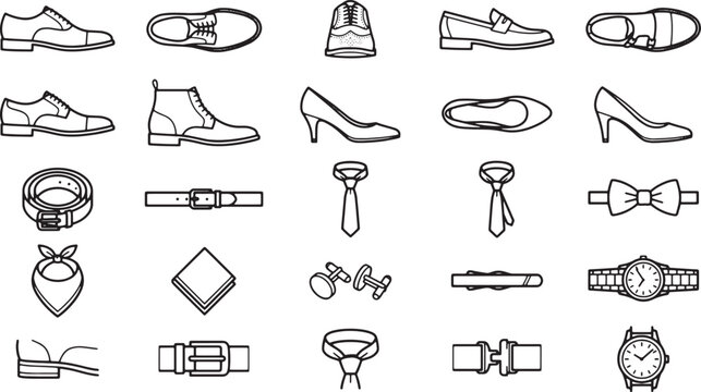 Illustration of men and women accessories isolated, showing various designs and perspectives, each piece meticulously crafted with bold lines and a clean aesthetic.
