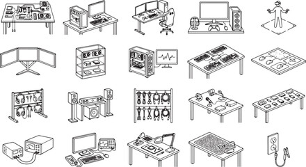 Fototapeta premium A collection of detailed black and white illustration of computer equipment and workstation components, providing a comprehensive view of various technological setups.