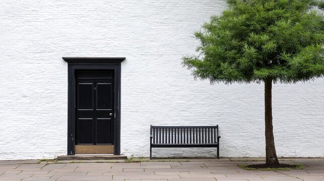 frontyard. Black front door of a white house with a tree and bench in natural daylight. real-estate listings, architecture portfolios, designed for interior renovation comparisons for interiors.