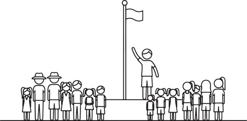Obraz premium line art illustration of person raising a flag with diverse group standing around