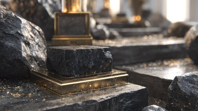Dark, textured rock pedestal displays a rough stone cube atop a reflective metallic base surrounded by ambient light.