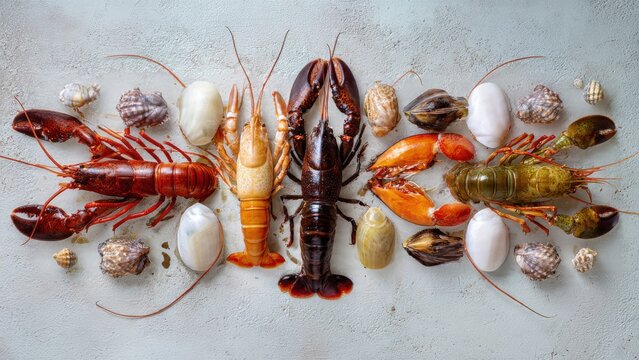 Colorful assortment of lobsters and seafood on textured light blue surface ocean crustaceans Thai food