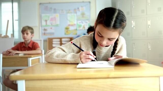 The student is taking notes while being taught by the teacher in the classroom, demonstrating a positive and attentive learning atmosphere in an international school