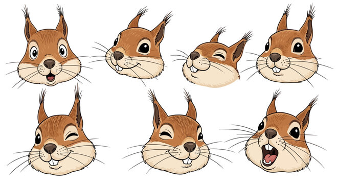 Cute squirrel cartoon character head set, 7 expressive squirrel face icons with different emotions, brown forest animal vector illustrations