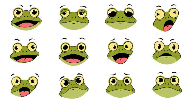 Cartoon frog emoji set with 12 green toad face icons, cute amphibian character expressions, funny animal mascot vector illustrations for stickers