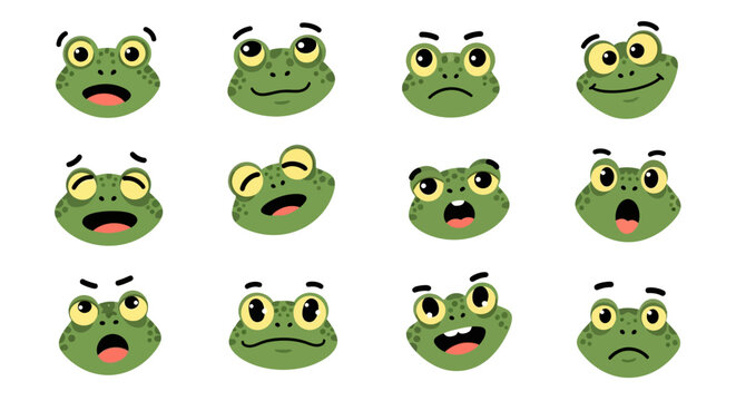 Cartoon frog emoji set with 12 character expressions, cute green toad face icons, funny amphibian mascot head illustrations for stickers and apps