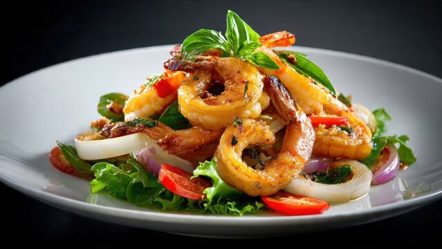Grilled shrimp and squid salad with vegetables on a Thai food white plate
