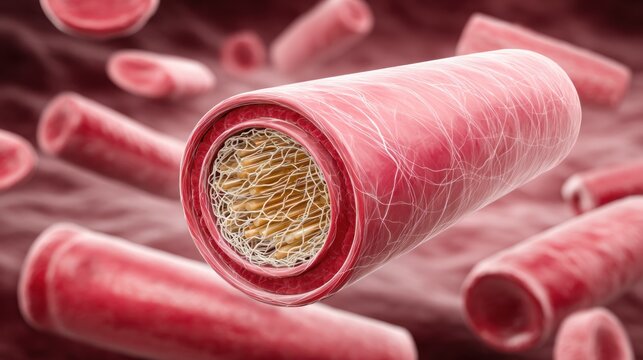 Microscopic view illustrates the layered structure of a blood vessel cross section surrounded by plasma