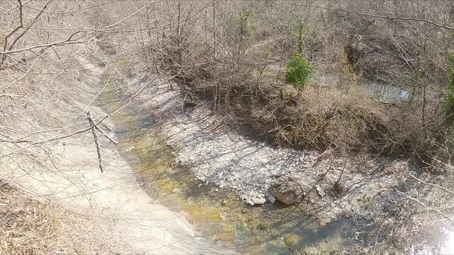 The streambed winds through a deserted forest. The rocks, boulders and roots are covered with moss. Bare trees