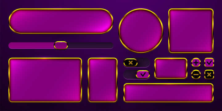 Set of luxury purple and gold user interface buttons and frames for game or web design. Vector illustration