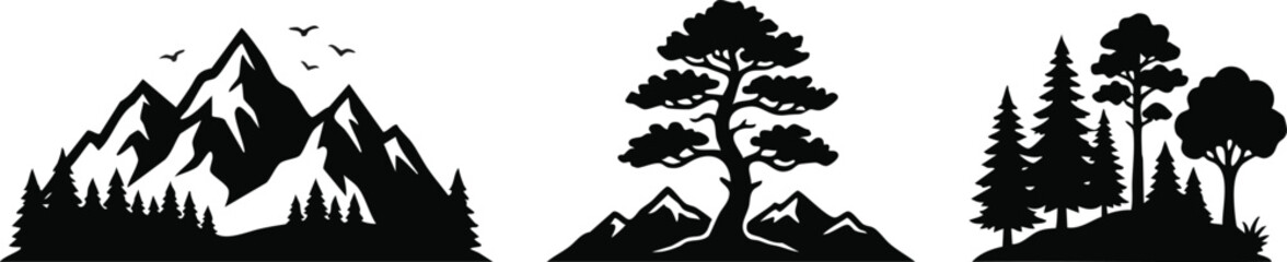 Fototapeta premium Tree Silhouette Collection – Forest, Jungle & Nature Vector Icons Set for Graphic Design Projects