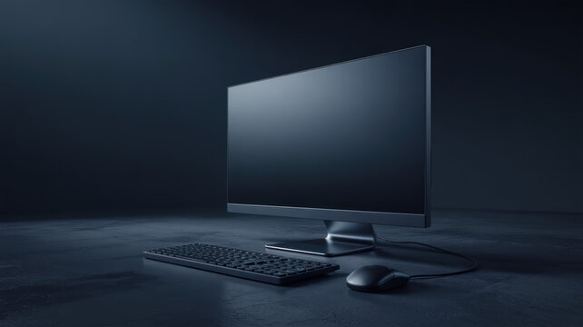 Dark workspace with modern computer setup sleek monitor keyboard and mouse on a desk in a dimly lit room with a minimalist aesthetic