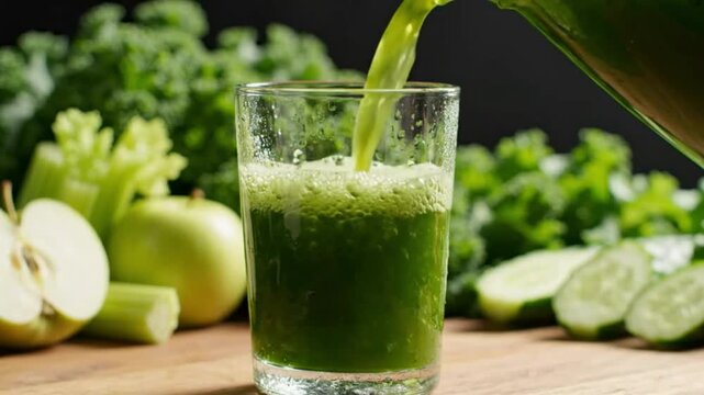 Fresh green juice being poured into a glass with apples and kale in background