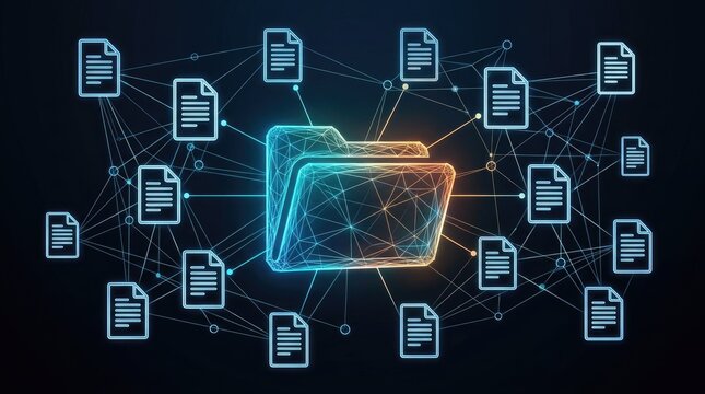 Futuristic network shows digital folder with connected files and data transfer