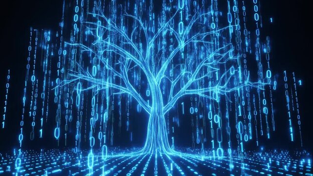 Glowing digital tree of binary code streams, symbolizing data networks, technological growth, and nature‑technology fusion.