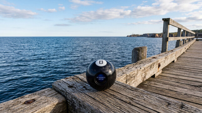 Magic 8 Ball on Wooden Pier Overlooking Blue Ocean Coastline