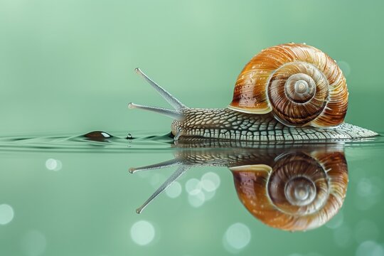 Close-up of a brown spiral-shelled snail gliding on glossy green surface with reflective water-like reflection, soft bokeh background