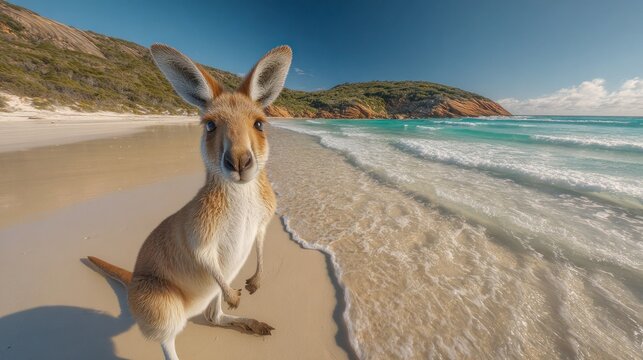 Young marsupial pauses for a close up on a bright, sunny coastline next to clear ocean water.