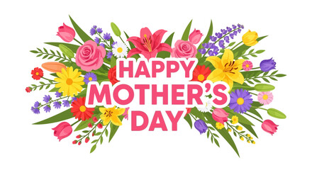 Fototapeta premium Happy Mother's Day Floral Wreath with Colorful Flowers and Green Leaves