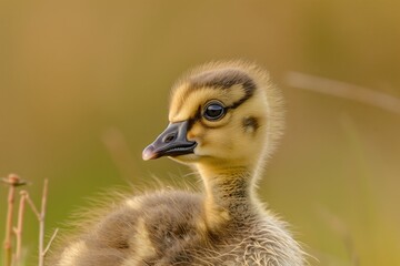 Fototapeta premium Close-up of a fluffy yellow gosling or duckling with soft background, warm tones