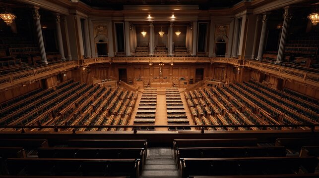 congress. A grand parliamentary chamber with rows of empty seats and soft ambient lighting from above. real-estate listings.