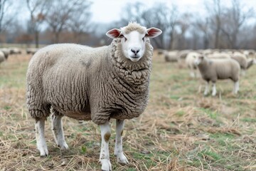 Obraz premium Sheep standing in a grassy field with other sheep in soft-focus background, overcast sky, winter pasture scene