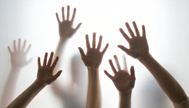 Group of Hands Raised in Unison Together.