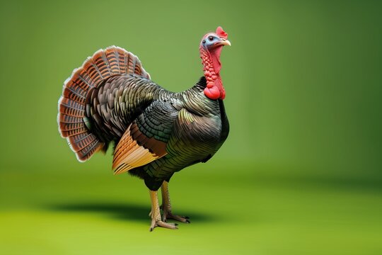 Male turkey standing on green background, displaying fanned tail and colorful plumage, studio-style wildlife portrait