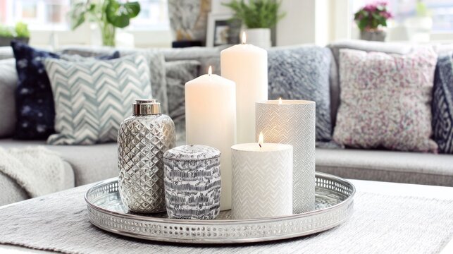 Illuminated pillar candles and decorative objects arranged on a silver tray in a bright living space